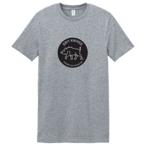 Gray t-shirt with a black logo on a white background