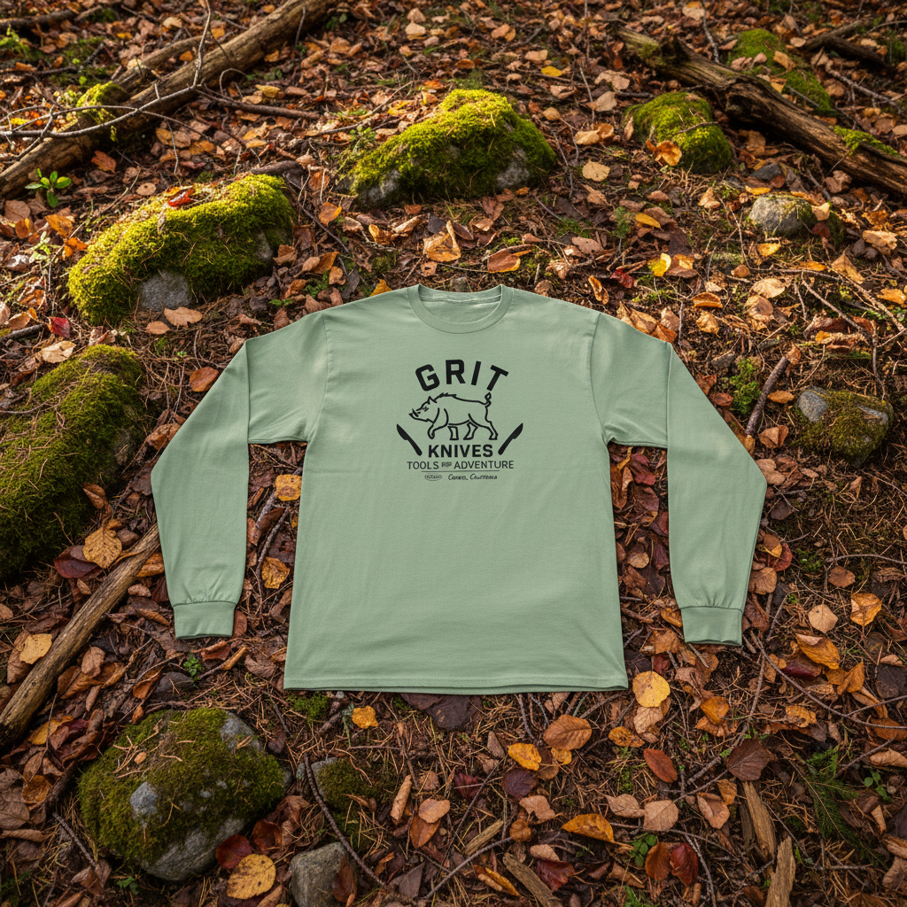 Sage green long-sleeve shirt with black graphic and text on a white background
